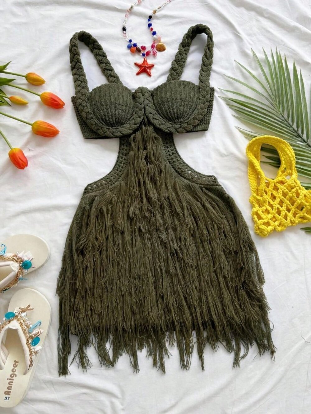 Army Green Sexy Women's Spaghetti Strap Braided Mini Dress - Festival Outfit - Picture 7 of 7
